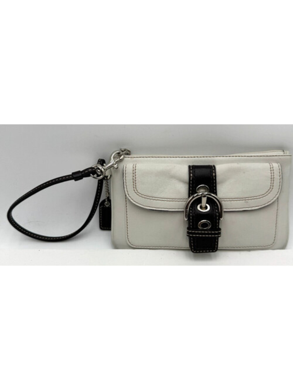 Coach Soho Women's Handbag White Brown Leather Silver Buckle Wristlet